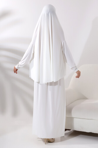 Two Piece Prayer Dress with Pearls and Stones, Top and Bottom Practical Dress 8017 White - 6