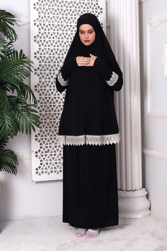 Two Piece Scalloped Practical Upper and Lower Prayer Dress 8018 Black - 1