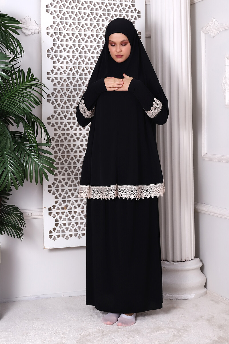 Two Piece Scalloped Practical Upper and Lower Prayer Dress 8018 Black - 1