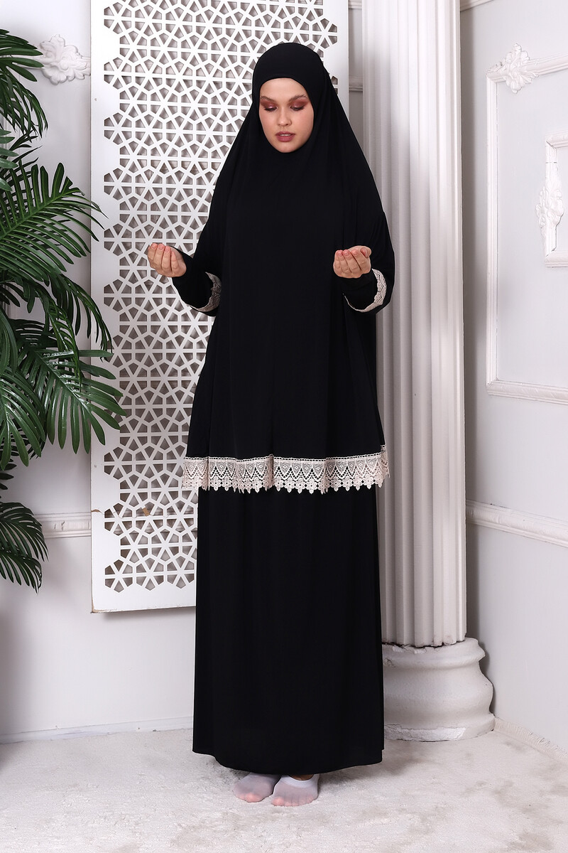 Two Piece Scalloped Practical Upper and Lower Prayer Dress 8018 Black - 2