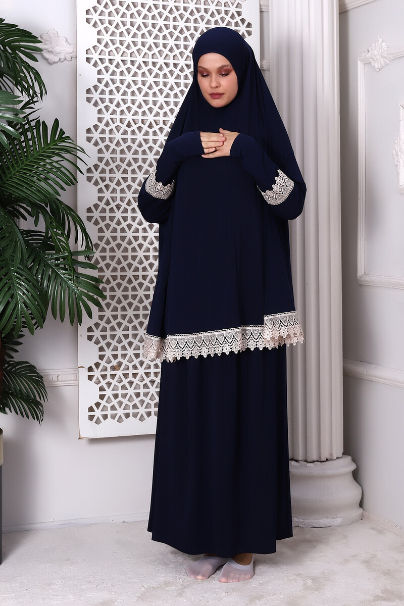 Two Piece Scalloped Practical Upper and Lower Prayer Dress 8018 Navy Blue - 2