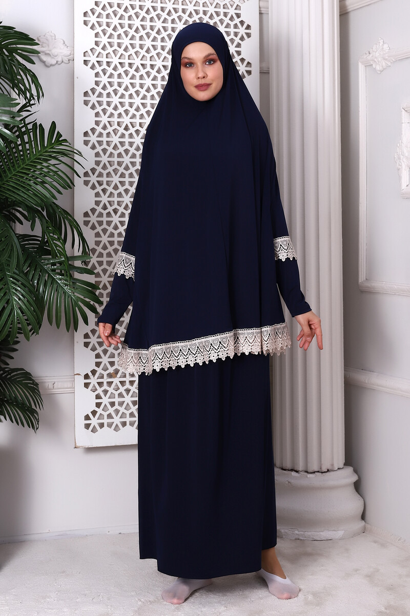 Two Piece Scalloped Practical Upper and Lower Prayer Dress 8018 Navy Blue - 4