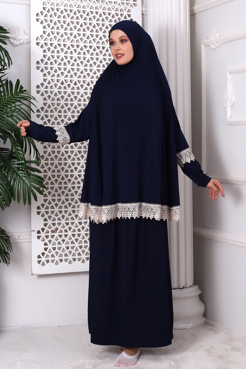 Two Piece Scalloped Practical Upper and Lower Prayer Dress 8018 Navy Blue - 5