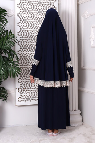 Two Piece Scalloped Practical Upper and Lower Prayer Dress 8018 Navy Blue - 6