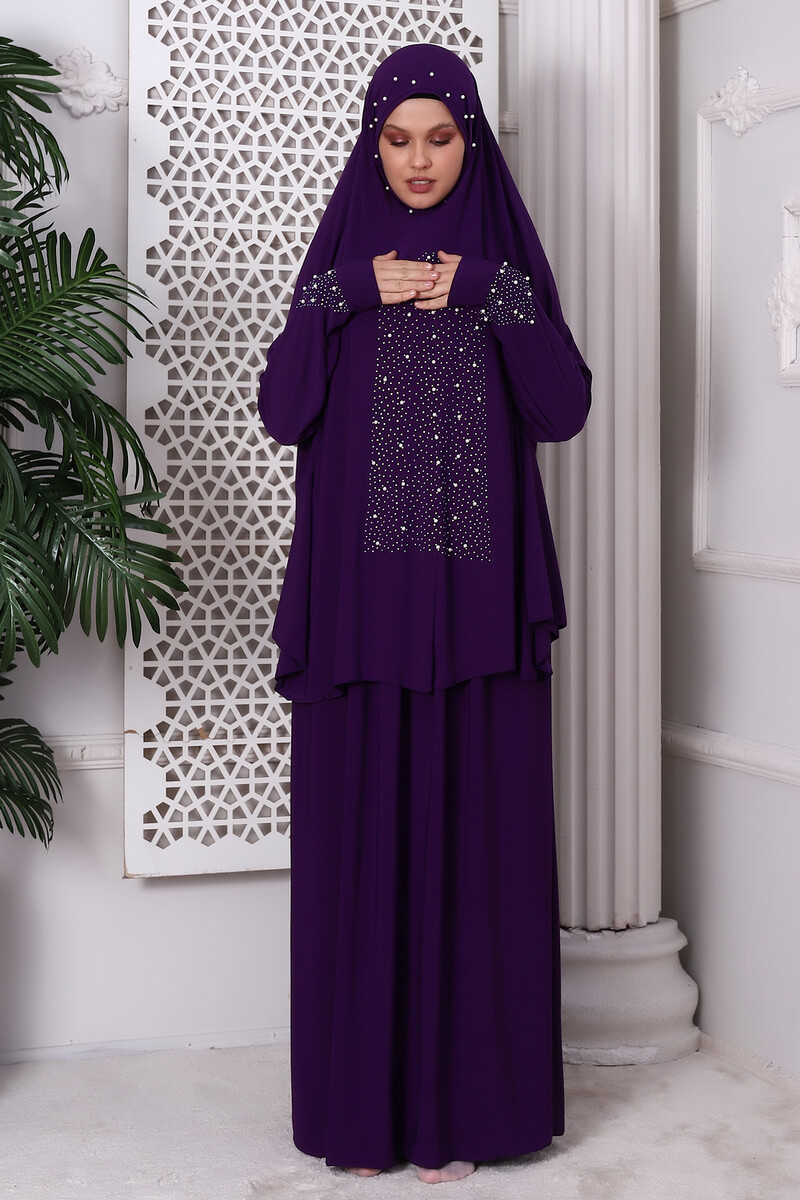 Two Pieces Stone Top and Bottom Practical Prayer Dress 8017 Purple - 2