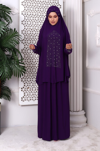 Two Pieces Stone Top and Bottom Practical Prayer Dress 8017 Purple - 3