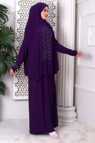 Two Pieces Stone Top and Bottom Practical Prayer Dress 8017 Purple - 4