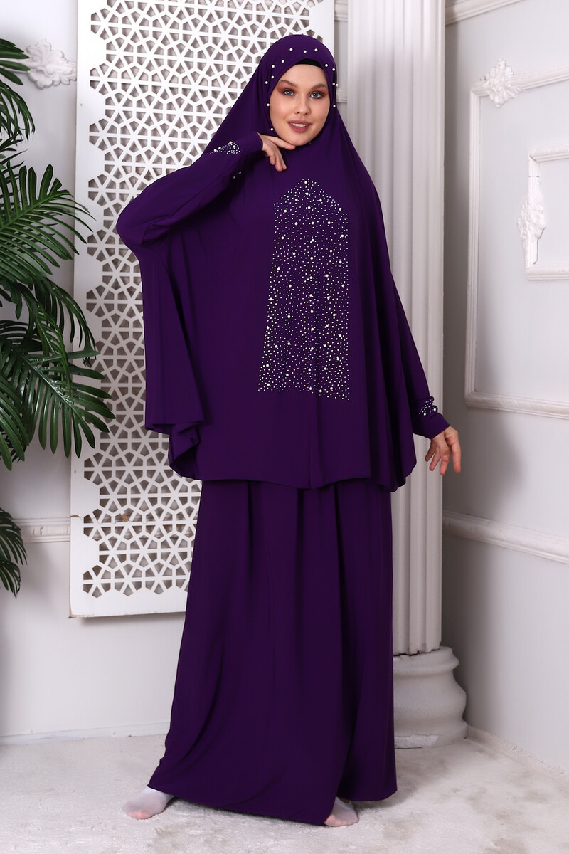 Two Pieces Stone Top and Bottom Practical Prayer Dress 8017 Purple - 5