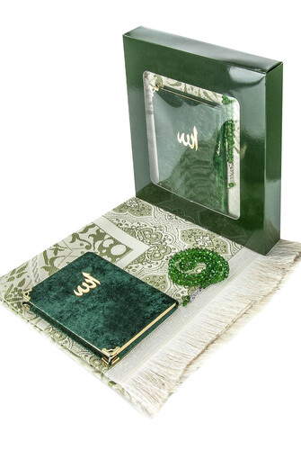 Velvet Book of Yasin Bag Size Prayer Rug Rosary Boxed Green - 1