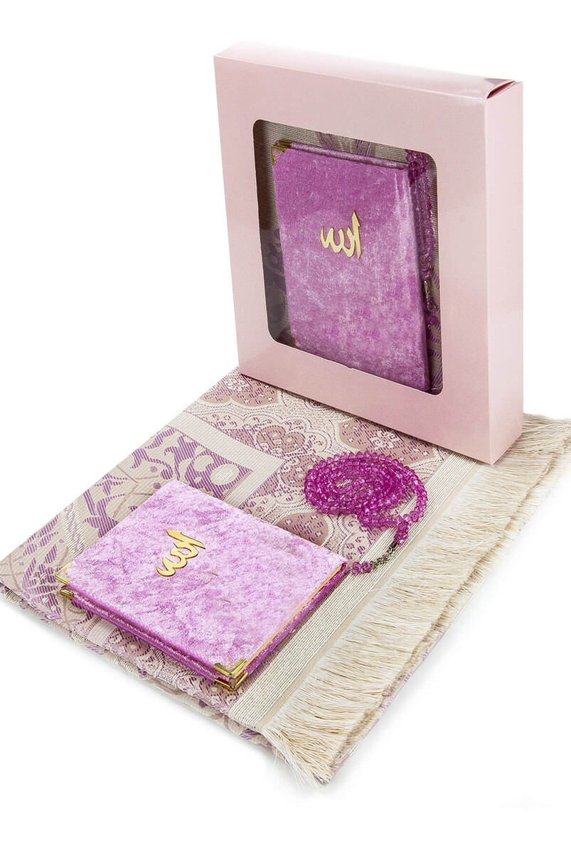 Velvet Book of Yasin Bag Size Prayer Rug Rosary Boxed Pink - 1