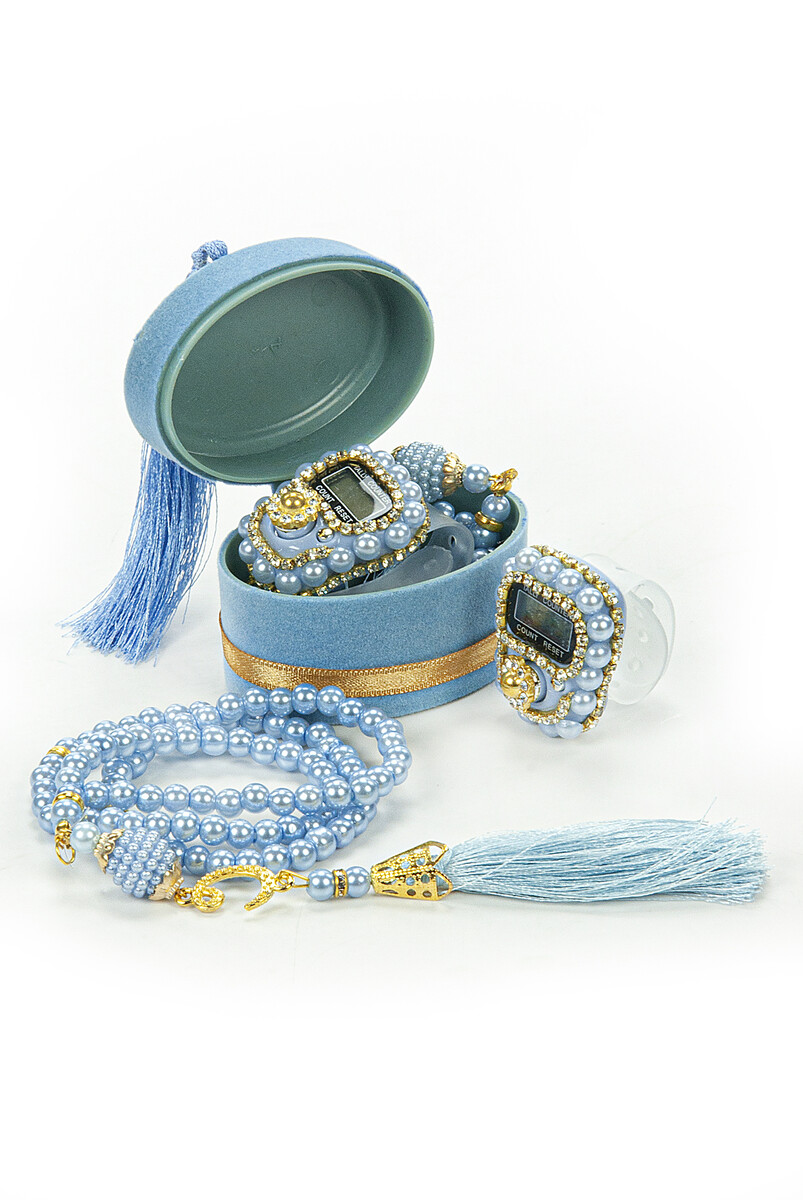 Velvet Boxed Mevlüt Gift Set with Zikirmatik and Pearl Rosary Blue - 1