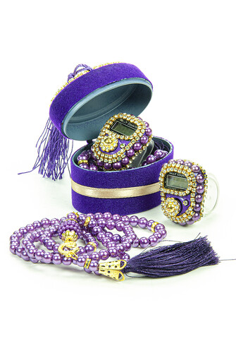 Velvet Boxed Zikirmatik and Pearl Rosary Mevlüt Gift Purple - 1