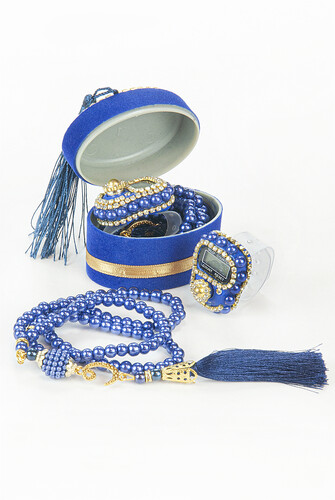 Velvet Boxed Zikirmatik and Pearl Rosary Mevlüt Gift Set Navy Blue - 1