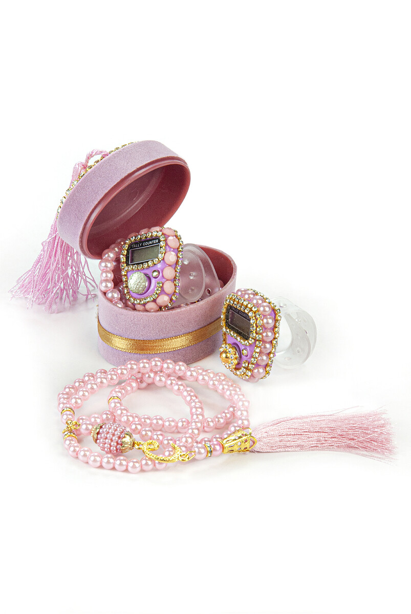 Velvet Boxed Zikirmatik and Pearl Rosary Mevlüt Gift Set Pink - 1