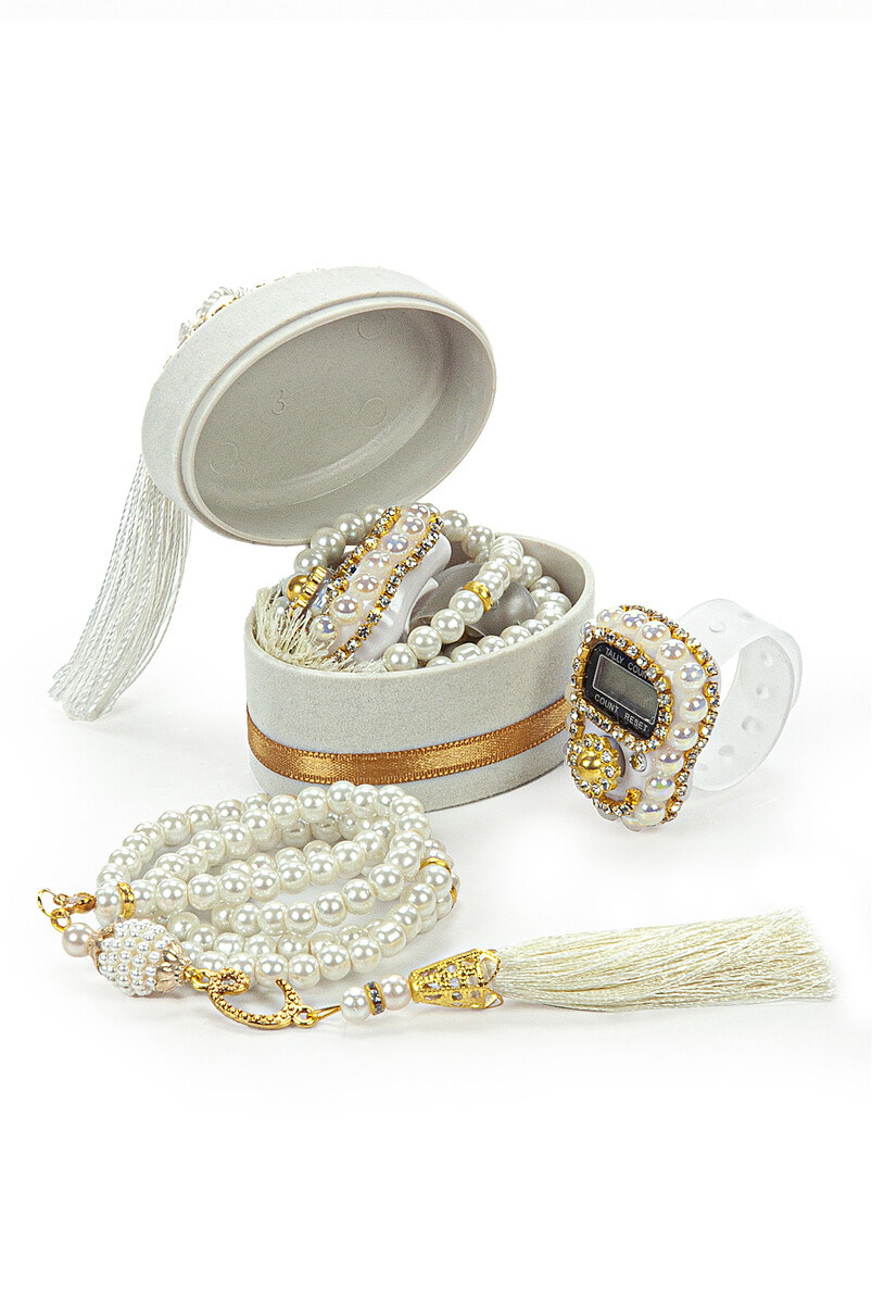 Velvet Boxed Zikirmatik and Pearl Rosary Mevlüt Gift Set White - 1