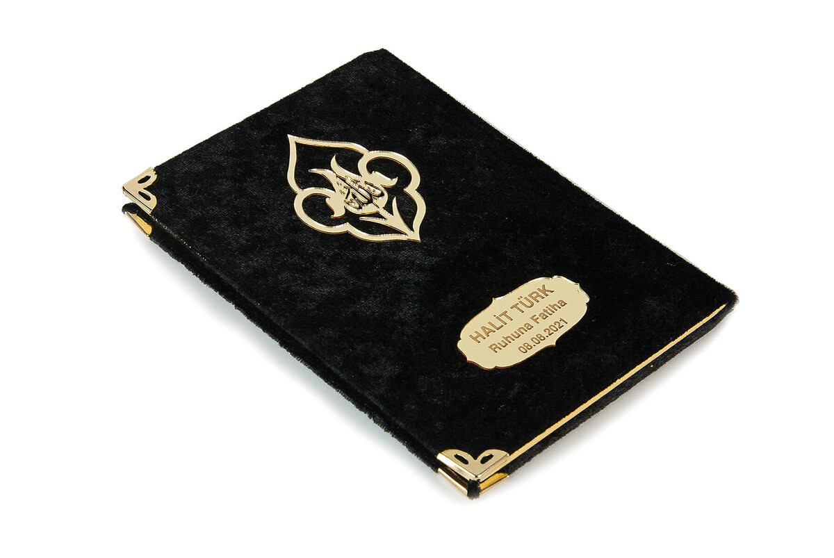 Velvet Covered Book of Yasin - Bag Size - Special Plate with Name - Mevlüt Gift - Black Color - 3