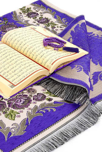 Velvet Covered Box Personalized Gift Quran Set with Prayer Rug Purple - 3