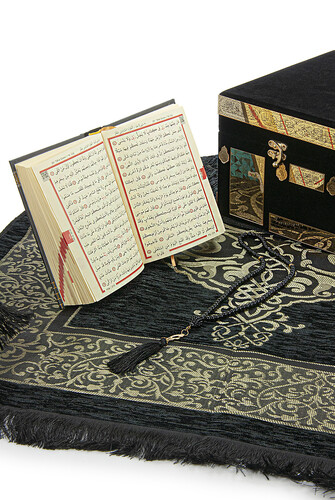 Velvet Covered Kaaba Boxed Rosary Koran Kerim and Prayer Rug Set - 3