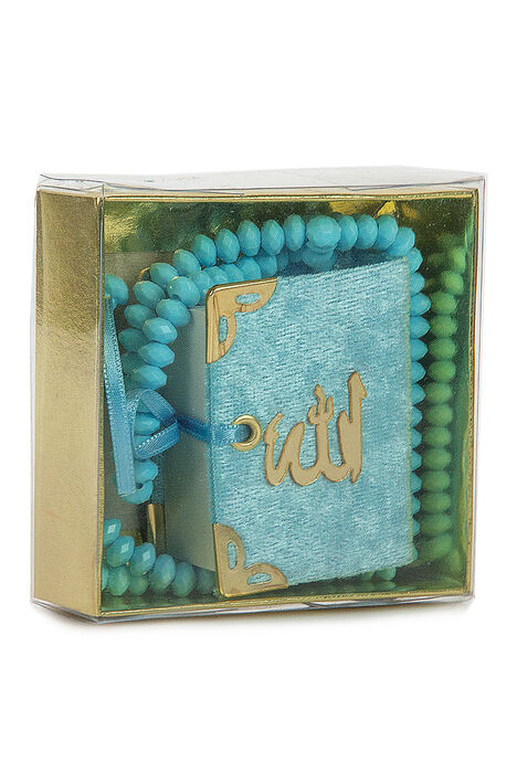 Velvet Covered Mini Quran with Box - Rosary - Blue - 1