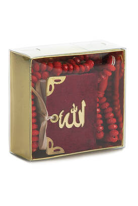 Velvet Covered Mini Quran with Box - Rosary - Claret Red - 1