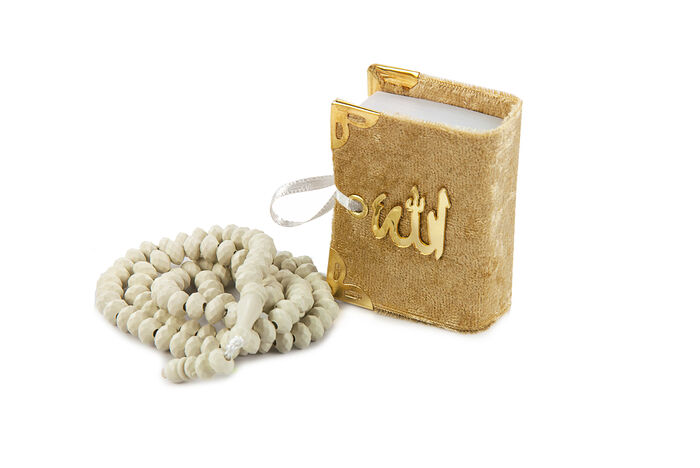 Velvet Covered Mini Quran with Box - Rosary - Gold - 2