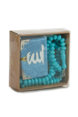 Velvet Covered Mini Quran Boxed - Rosary - Plexiglass - Blue - 1