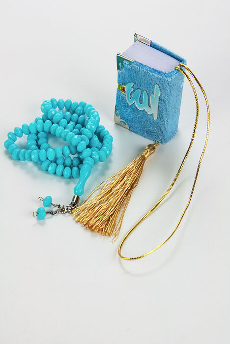 Velvet Covered Mini Quran Boxed - Rosary - Plexiglass - Blue - 2