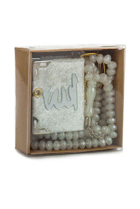 Velvet Covered Mini Quran Boxed - Rosary - Plexiglass - Cream - 1