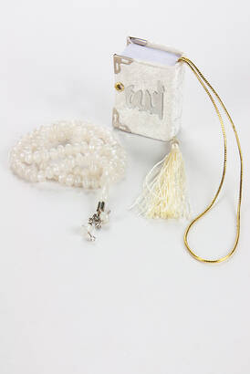 Velvet Covered Mini Quran Boxed - Rosary - Plexiglass - Cream - 2