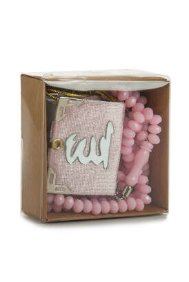 Velvet Covered Mini Quran Boxed - Rosary - Plexiglass - Pink - 1