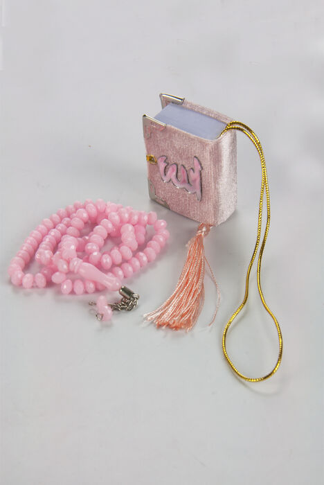 Velvet Covered Mini Quran Boxed - Rosary - Plexiglass - Pink - 2