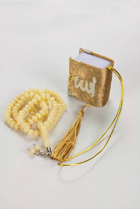 Velvet Covered Mini Quran with Box - Rosary - Plexiglass - Gold - 2