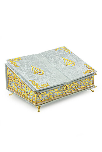 Velvet Covered Personalized Gift Qur'an Set with Chest and Recliner Gray - 2