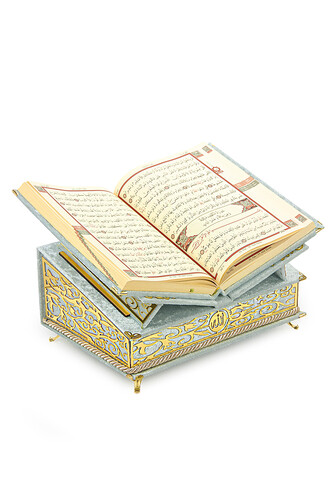 Velvet Covered Personalized Gift Qur'an Set with Chest and Recliner Gray - 3