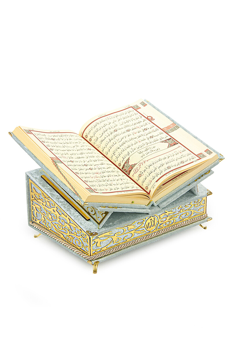 Velvet Covered Personalized Gift Qur'an Set with Chest and Recliner Gray - 3