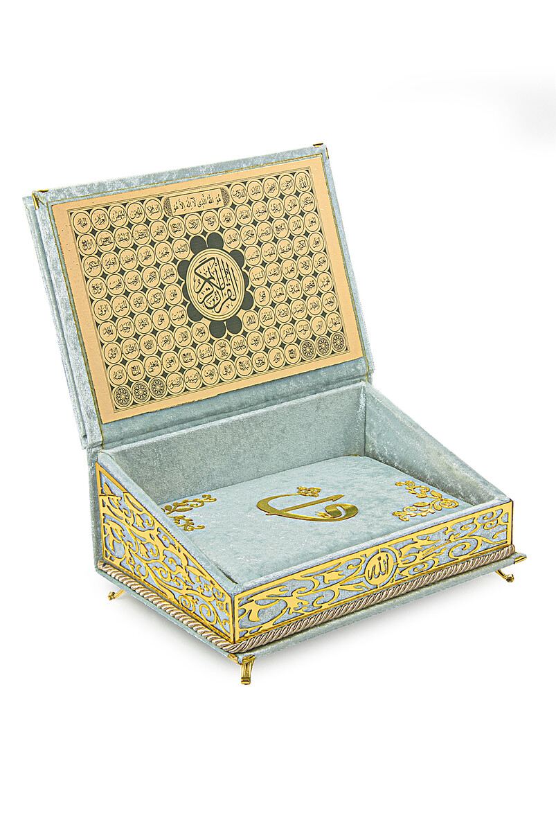 Velvet Covered Personalized Gift Qur'an Set with Chest and Recliner Gray - 4