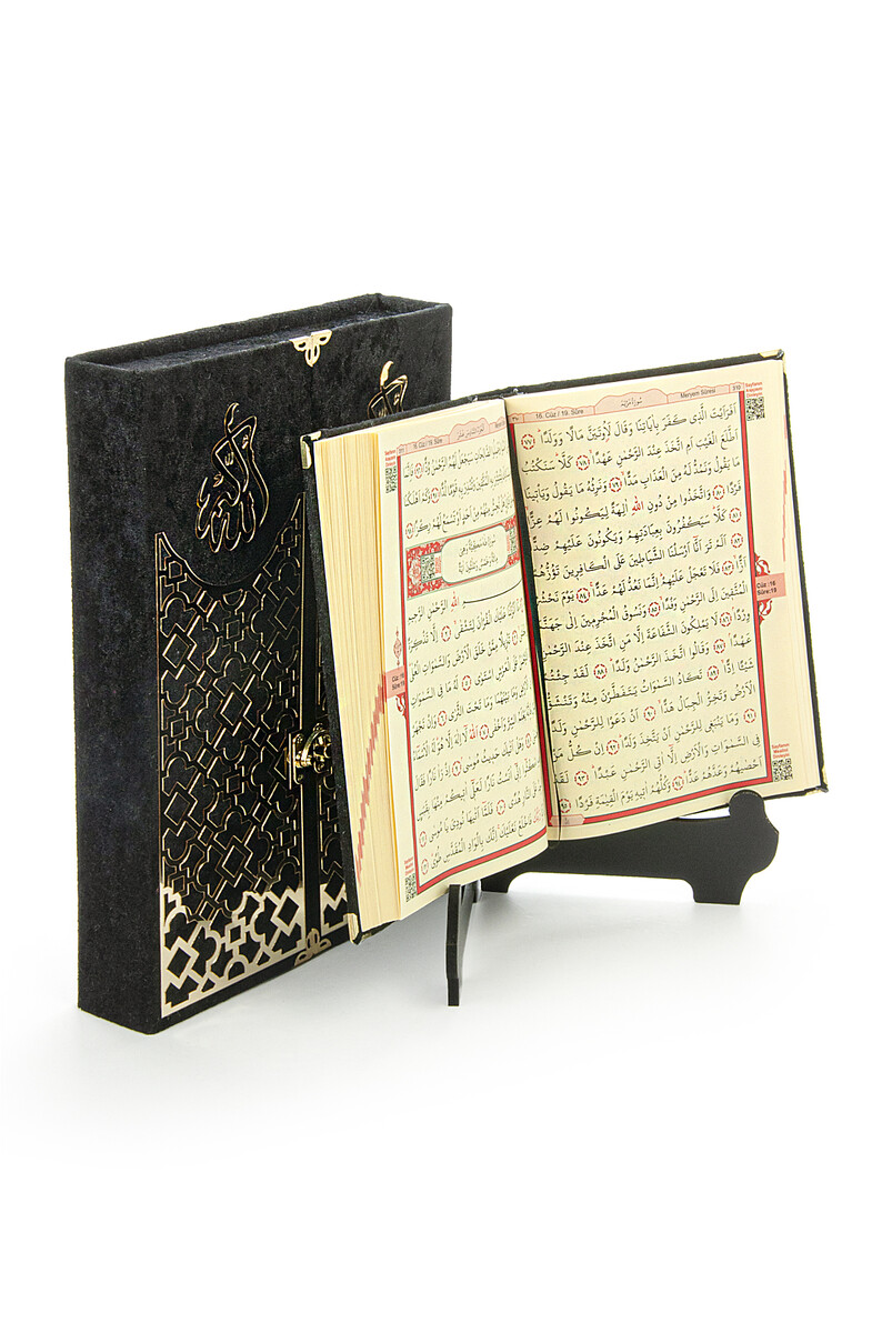 Velvet Covered Quran Set with Mültezem Stand - Black - 1