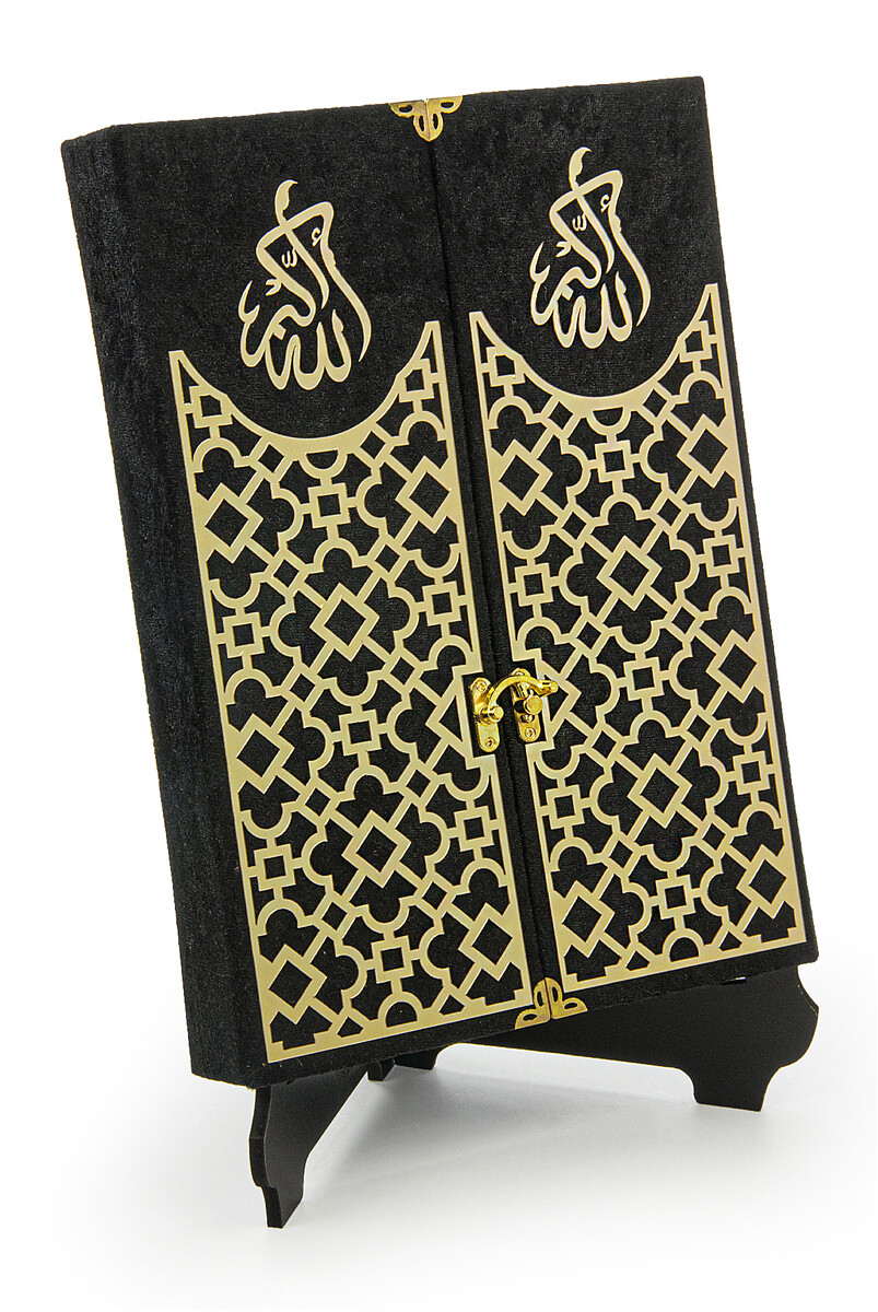 Velvet Covered Quran Set with Mültezem Stand - Black - 3