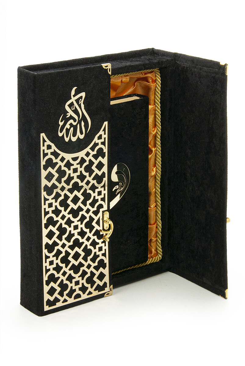 Velvet Covered Quran Set with Mültezem Stand - Black - 4