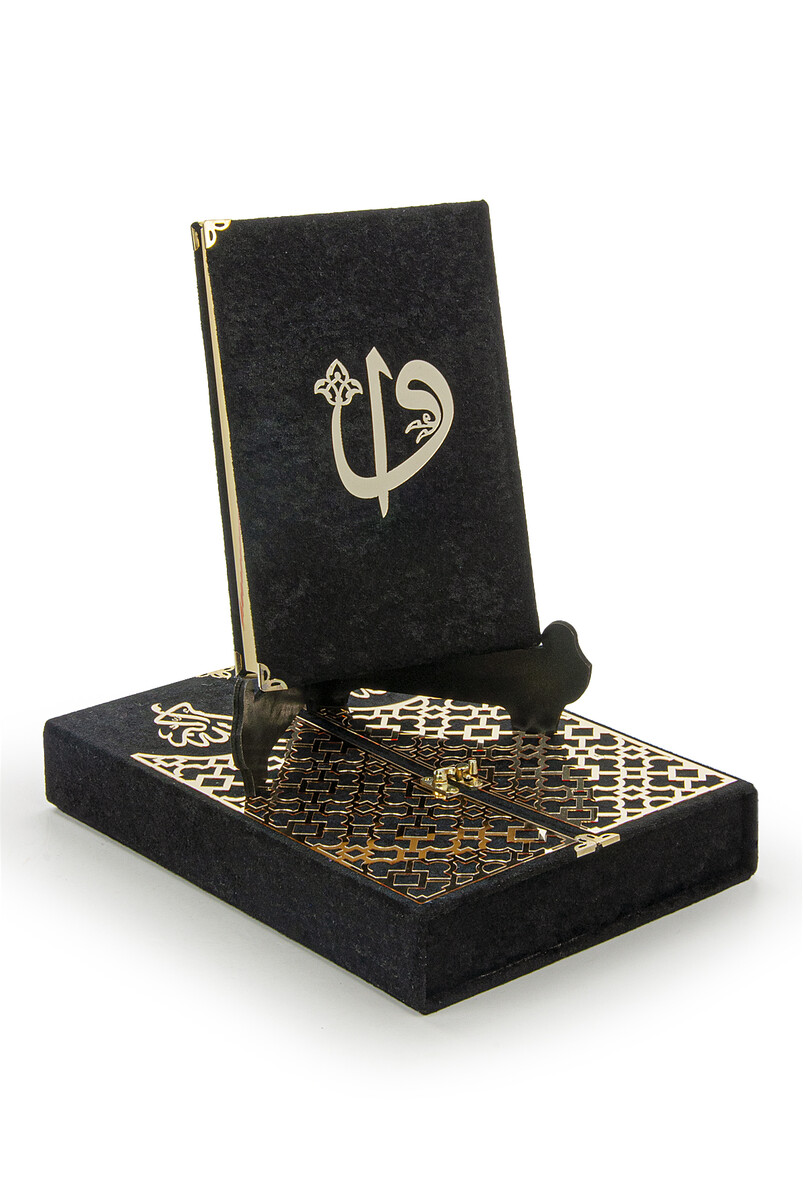 Velvet Covered Quran Set with Mültezem Stand - Black - 6