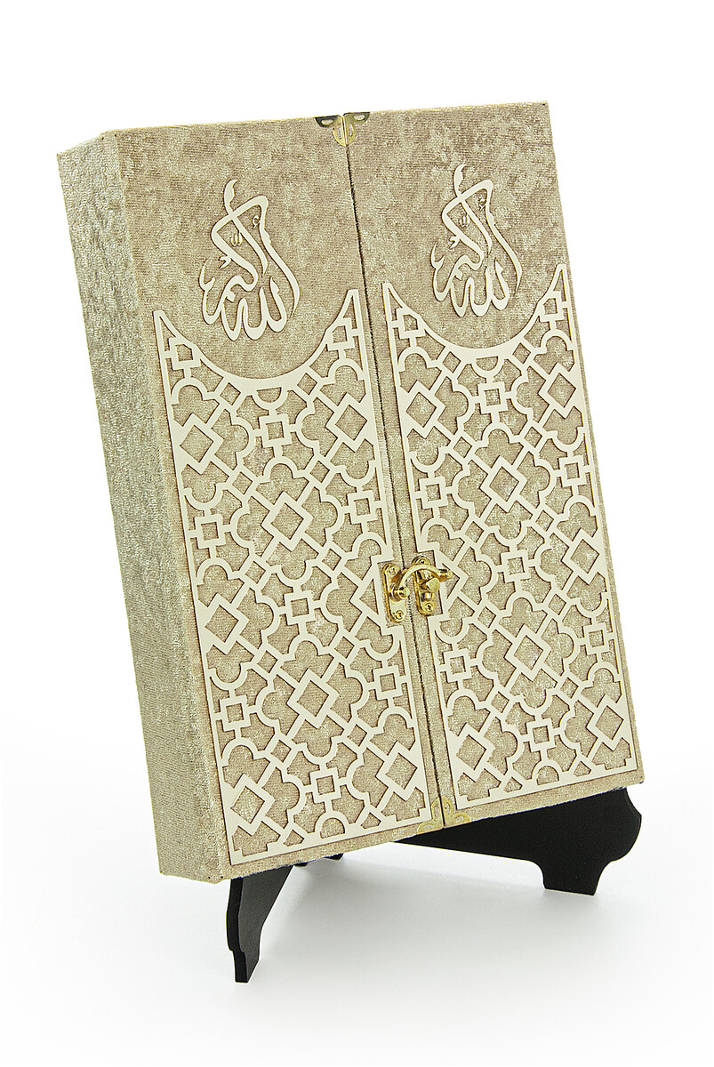 Velvet Covered Quran Set with Mültezem Stand - Gold - 3