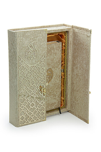 Velvet Covered Quran Set with Mültezem Stand - Gold - 4