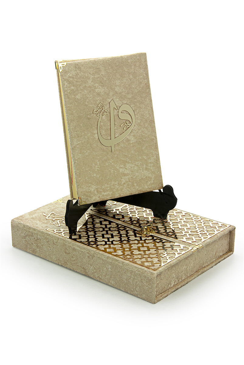 Velvet Covered Quran Set with Mültezem Stand - Gold - 6