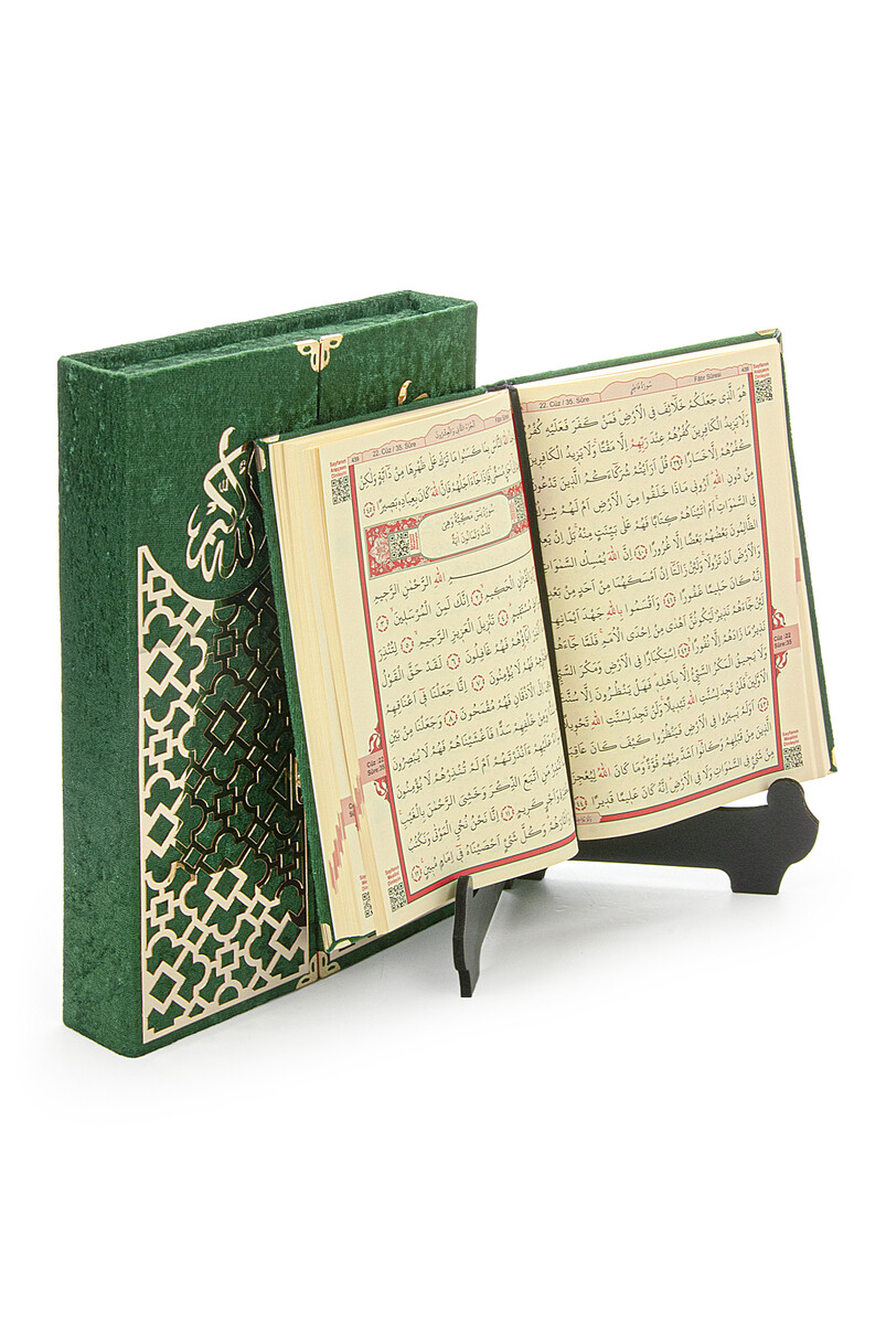 Velvet Covered Quran Set with Mültezem Stand - Green - 1