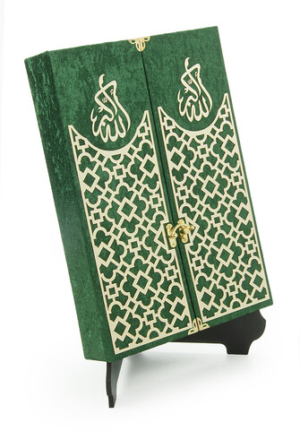 Velvet Covered Quran Set with Mültezem Stand - Green - 3