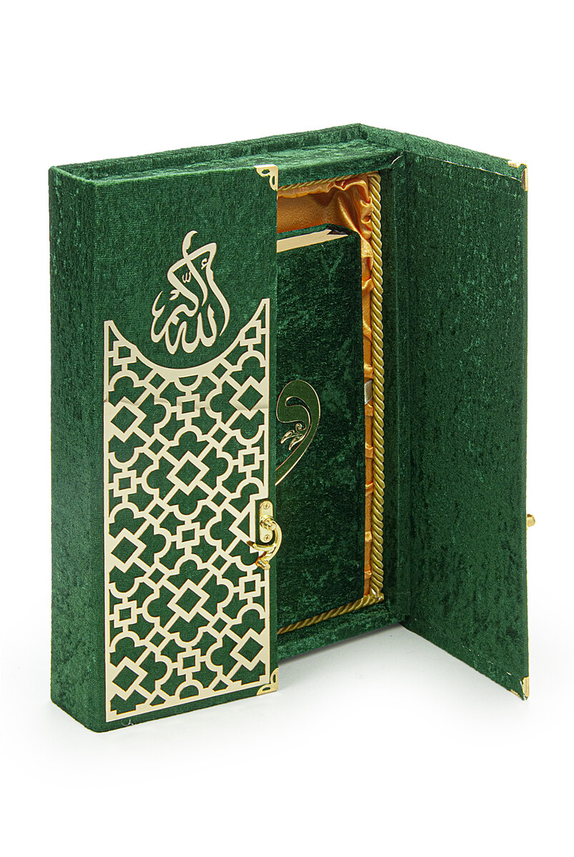 Velvet Covered Quran Set with Mültezem Stand - Green - 4