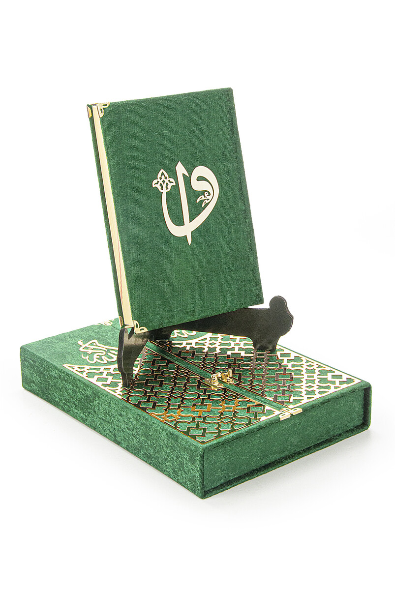 Velvet Covered Quran Set with Mültezem Stand - Green - 6