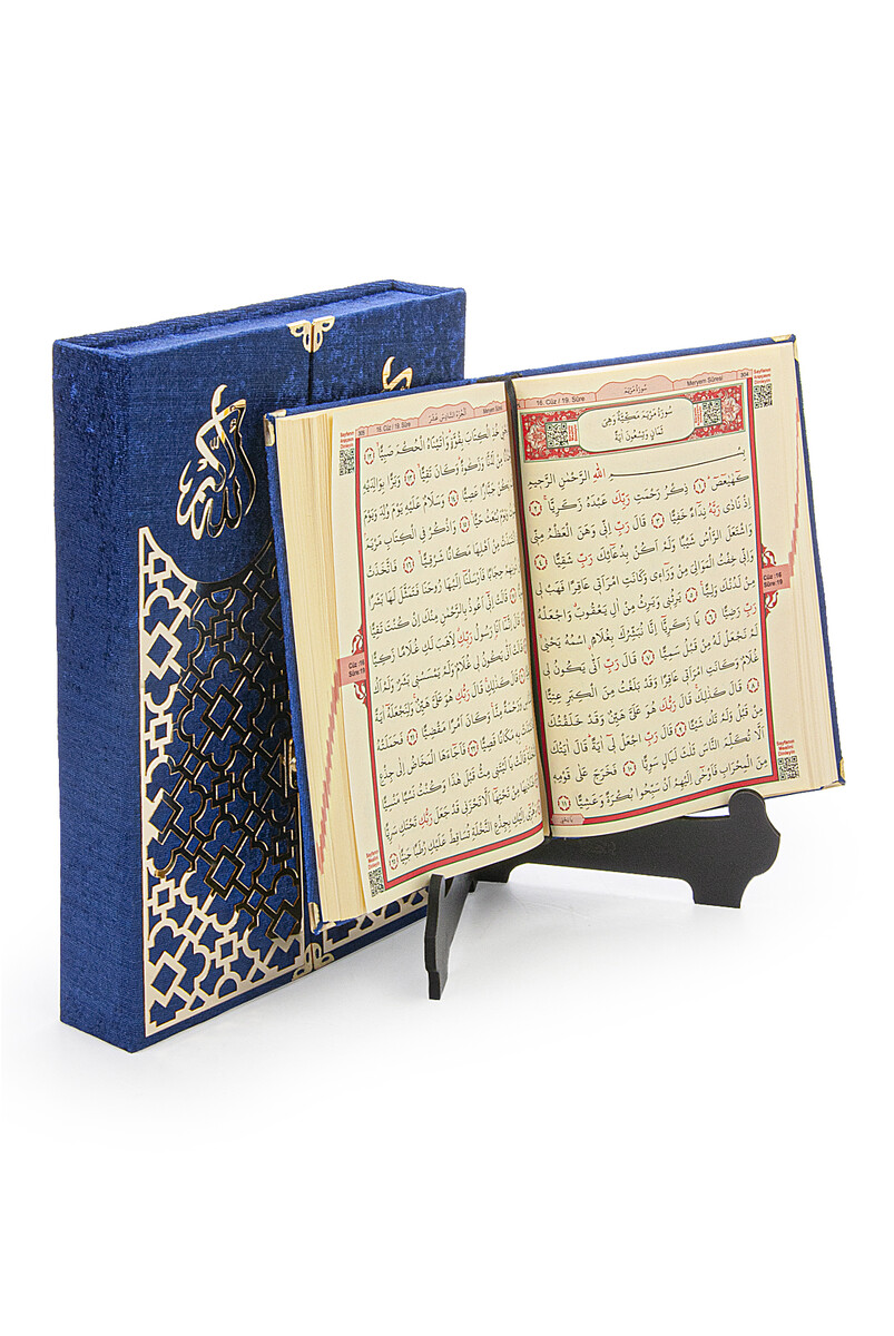 Velvet Covered Quran Set with Mültezem Stand - Navy Blue - 1