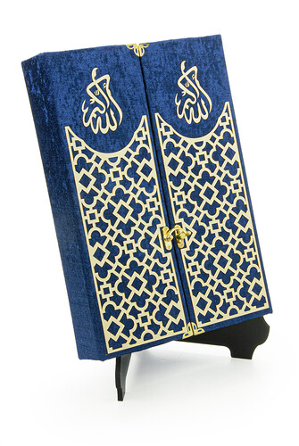 Velvet Covered Quran Set with Mültezem Stand - Navy Blue - 3