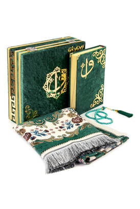 Velvet Covered Quran Set with Storage and Prayer Rug Green - 1